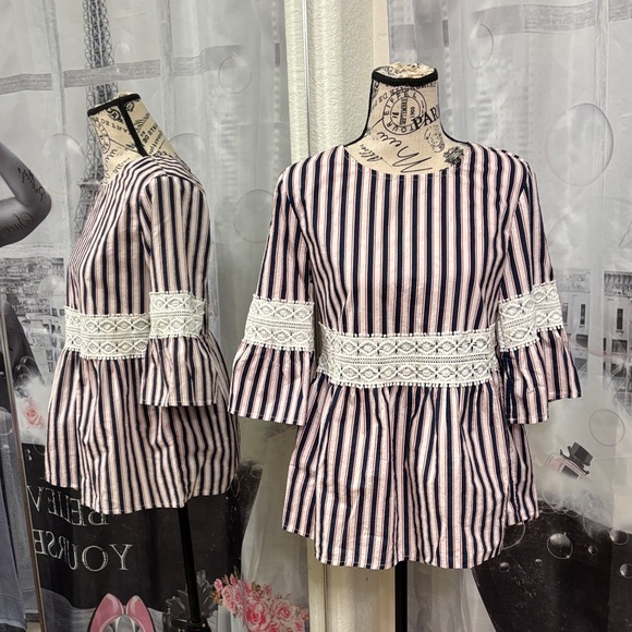 Lipslide Tops - Lipslide Striped Peplum Lace-Trim Top